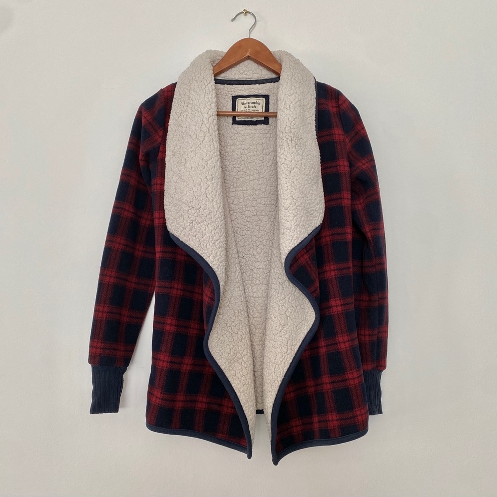 Abercrombie & Fitch Sherpa Lined Plaid Open Cardigan Jacket Red Navy XS